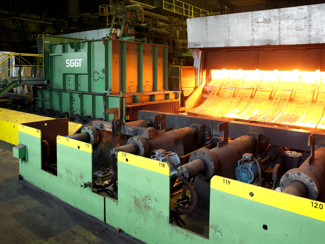 Hot rolling production line inside a steel mill