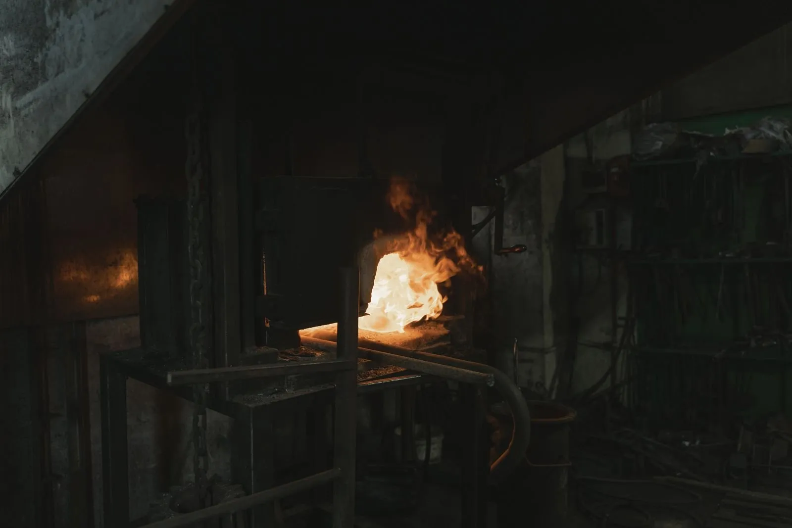 Molten steel during forging at a steel pipe manufacturing plant