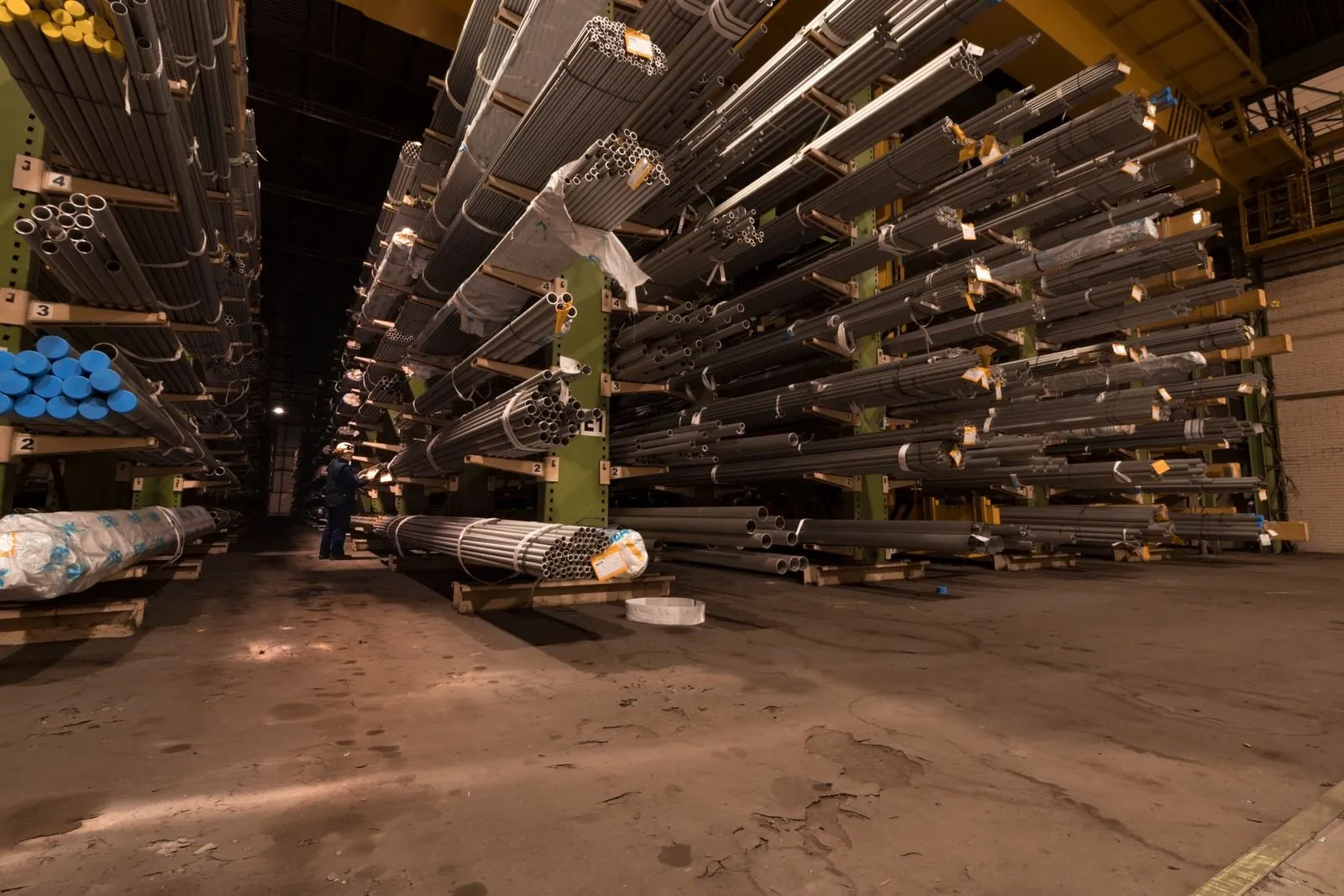 Steel pipe storage racks in an API 5L supplier warehouse
